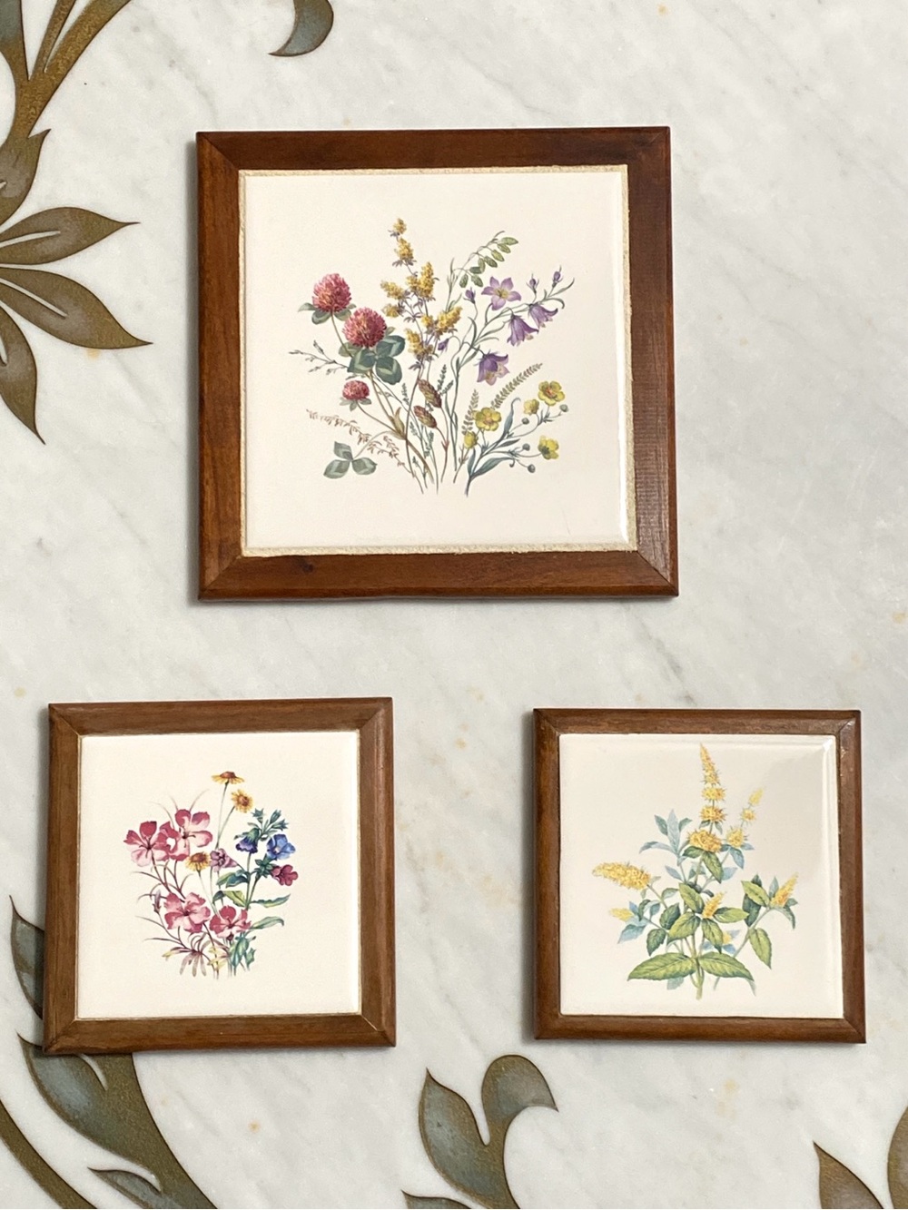 Vintage Botanical Wildflower Ceramic Tile Trivets Wooden Frames Set of 3
